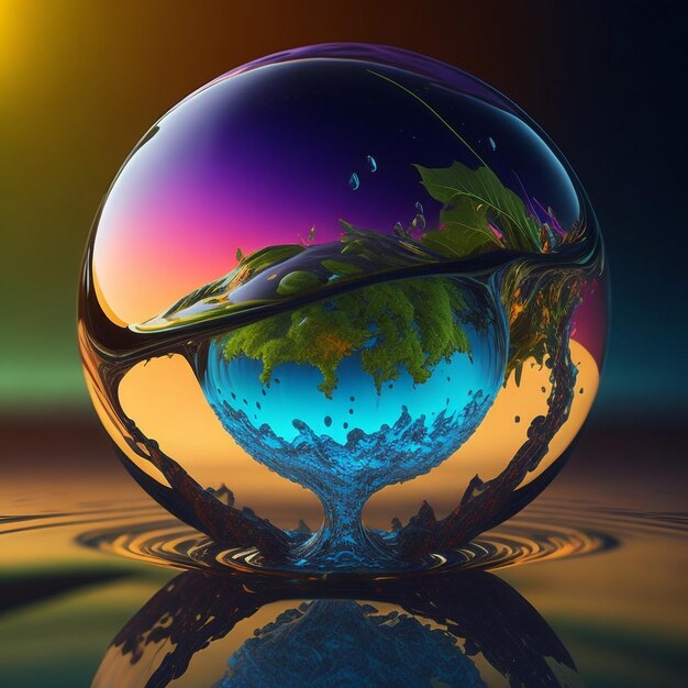 Earth inside a water drop vibrant colours