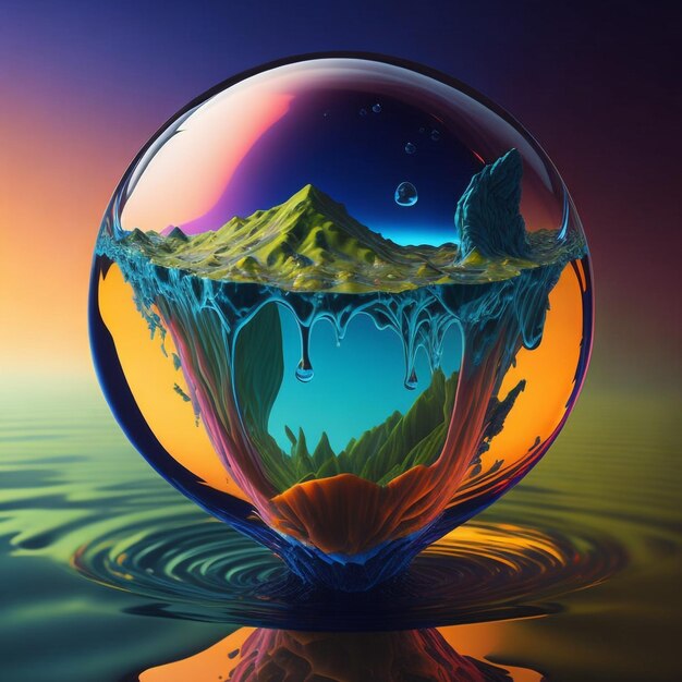 Earth inside a water drop vibrant colours