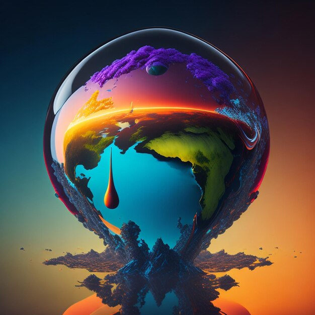 Earth inside a water drop vibrant colours