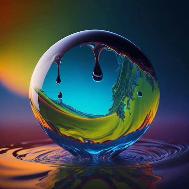 Earth inside a water drop vibrant colours