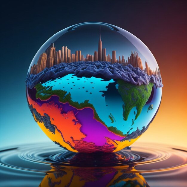 Earth inside a water drop vibrant colours