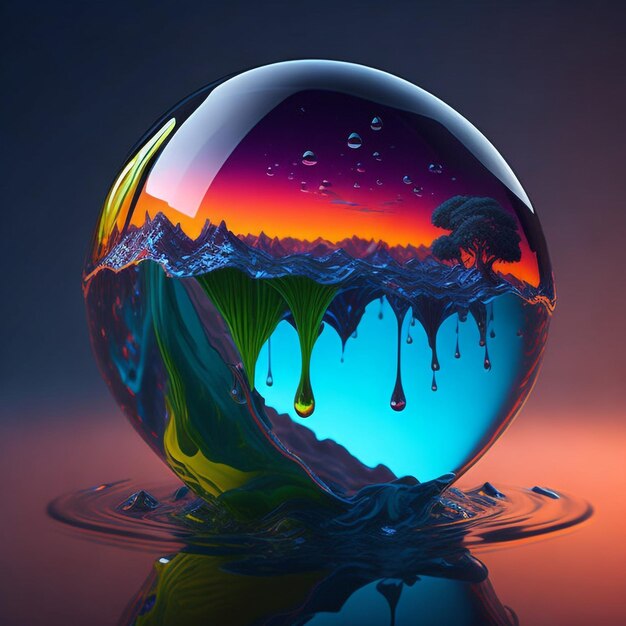 Earth inside a water drop vibrant colours