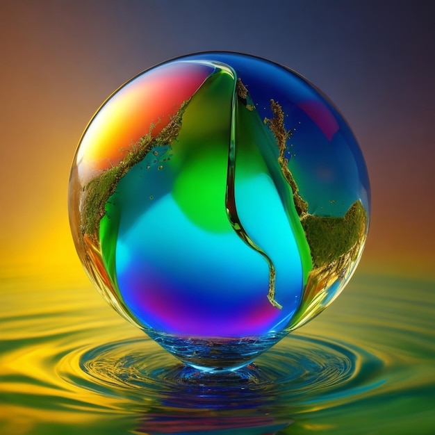물방울 안에 있는 지구는 생동감 넘치는 색 ⁇ 입니다.