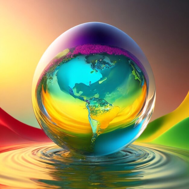 Earth inside a water drop vibrant colours