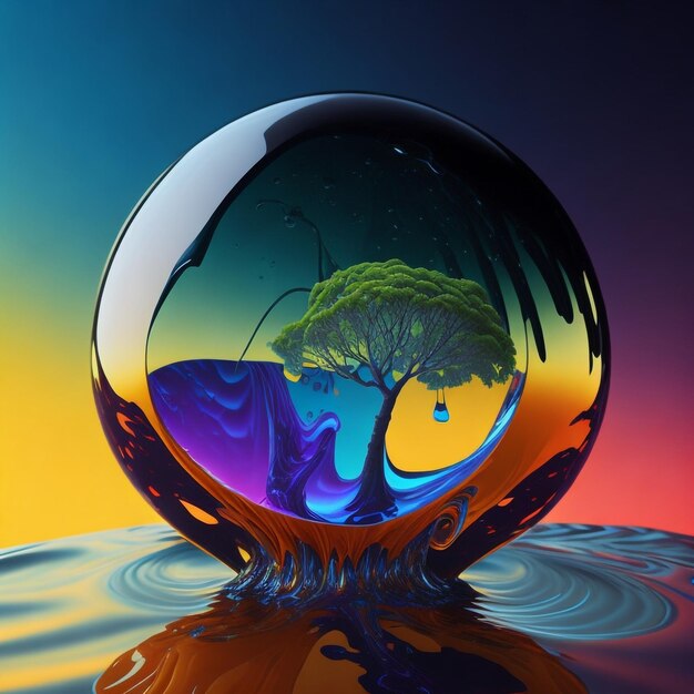 Earth inside a water drop vibrant colours