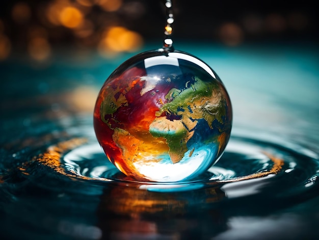 Photo earth inside a water drop