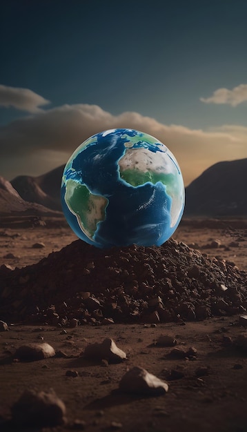 Foto la terra è seduta sulla cima di un mucchio di roccia nel mezzo di un deserto