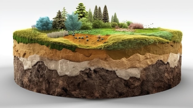 Foto terra terra strati di suolo illustrazione 3d suolo rotondo sezione trasversale galleggiante paesaggio fantasia isola galleggiante