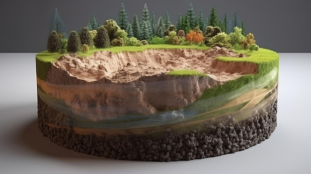 Earth land Soil layers 3D Illustration round soil ground cross section float landscape fantasy floating island