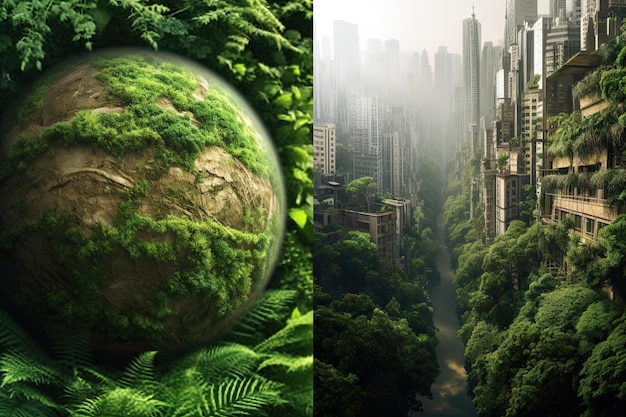 an earth in the middle of a city with trees and buildings on either sides that are surrounded by green foliage
