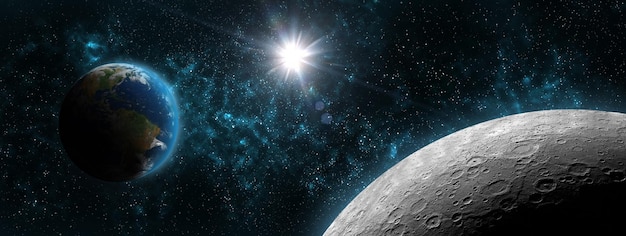 黒い空間で輝く地球と月、星の背景。惑星地球を周回する天体です。地球で唯一の恒久的な衛星です。NASAによって提供されたこの画像の要素。3Dイラスト