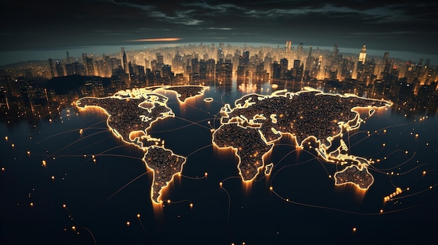 Earth network background map in digital format the global map with an orange neon display screen and worldwide connectivity generative ai