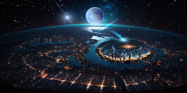 earth night city light map starry night  moon view from space