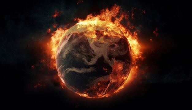 사진 불이 붙은 지구와 글로벌 재앙과 세계가 어두운 배경을 파괴했습니다.