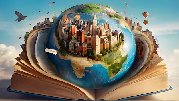 Photo earth on open book background