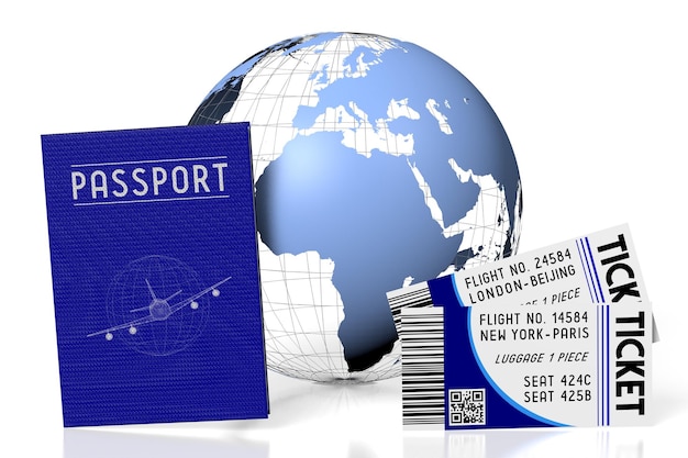 earth plane tickets and passports on white background 3d illustration