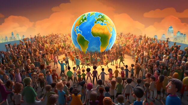 Earth planet in crowd of people 3D rendering Illustration