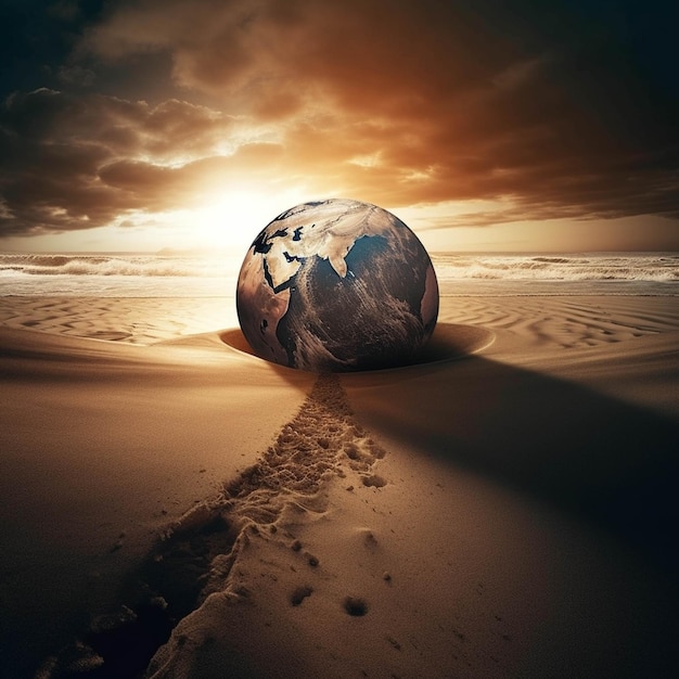 Earth planet in the desert Global warming concept 3D rendering