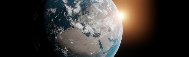 Earth planet viewed from space europe africa , 3d render of planet Earth. NASA accuracy. Visible lights of cities at night. With sun rising and ray light flare at horizon. Sci fi, technology future