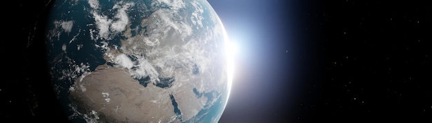 Earth planet viewed from space gulf africa , 3d render of
planet earth. nasa accuracy. visible lights of cities at night.
with sun rising and ray light flare at horizon. sci fi, technology
future