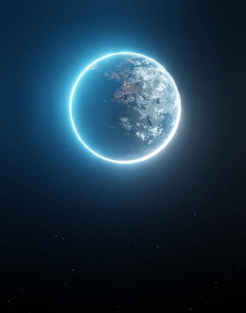 Earth planet viewed from space at night showing the lights\
during the night of europe and africa with the sun blooming3d\
render of planet earthtechnological and communications wallpaper\
background