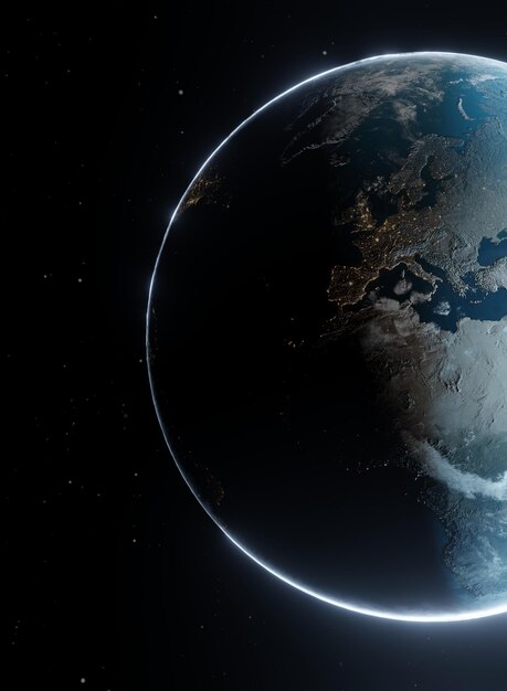 Earth planet viewed from space showing africa europe3d render of planet Earth with detailed relief and atmosphereelements of this image furnished by NASAGlobal overviewCinematic feeling with glow