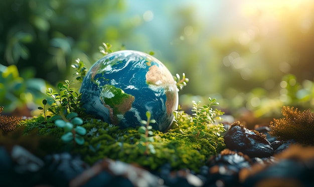 Earth planet with green grass and flowers Earth day concept