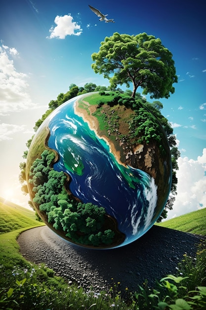 Earth planet with green tree and blue sky Elements of this image furnished by NASA