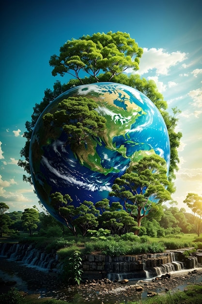 Earth planet with green tree and blue sky Elements of this image furnished by NASA