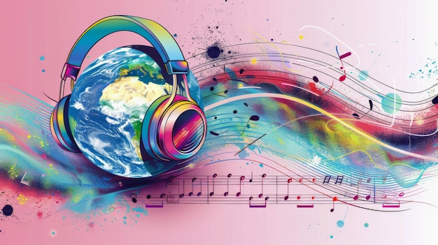 世界音楽デーコンセプト - ピンクの背景にヘッドフォンと音楽ノートを付ける地球の惑星