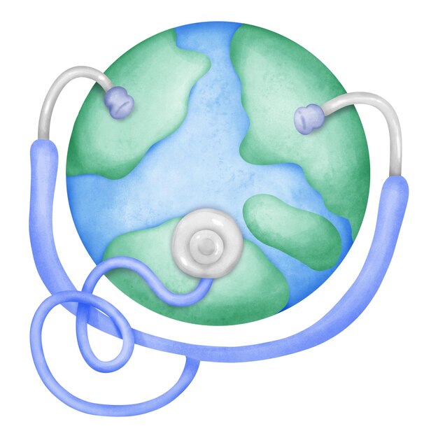 Earth planet with stethoscope watercolor illustration