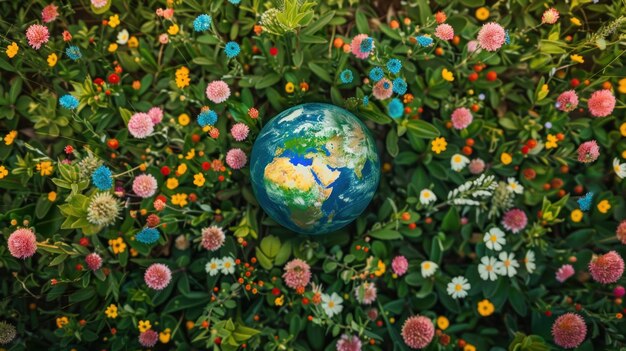 Photo earth protection day planet earth is colorful green in the middle of a field of flowers