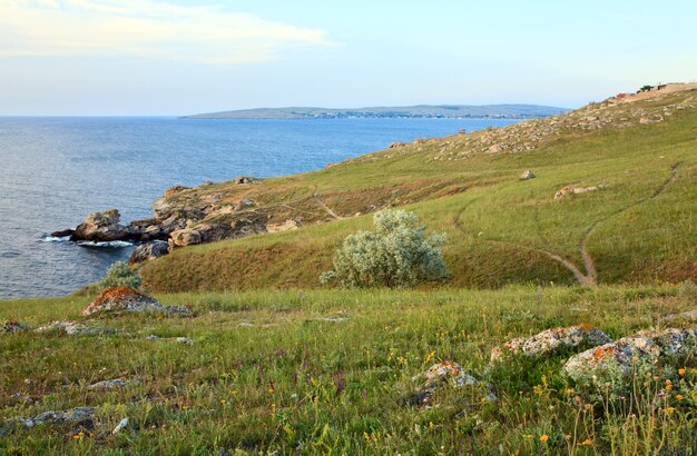 Earth road on prairies near summer sea coast