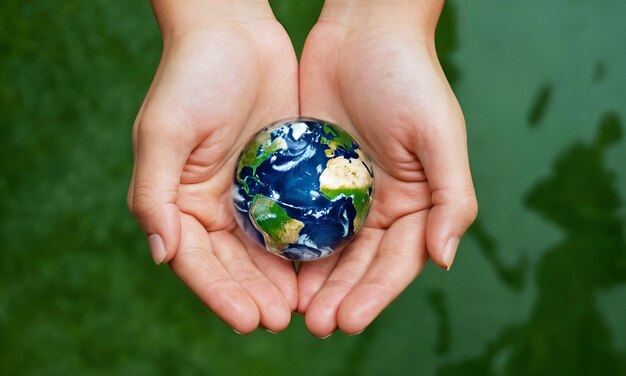 Photo earth in the shape of a water drop from two hands protection of planet concept world water day