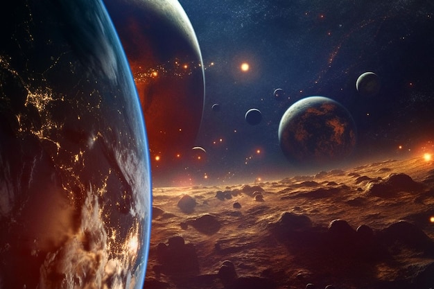 Photo earth space or planets with surface landscape in night universe galaxy or solar system in armageddon