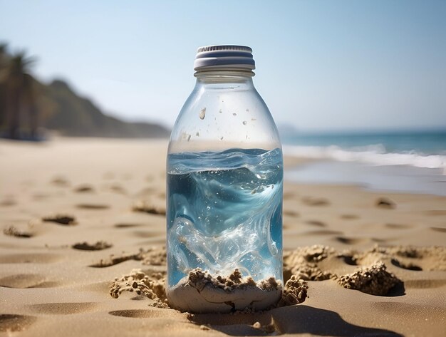 Foto la terra comincia a sciogliersi all'interno di una bottiglia d'acqua che è bloccata nella sabbia su una spiaggia