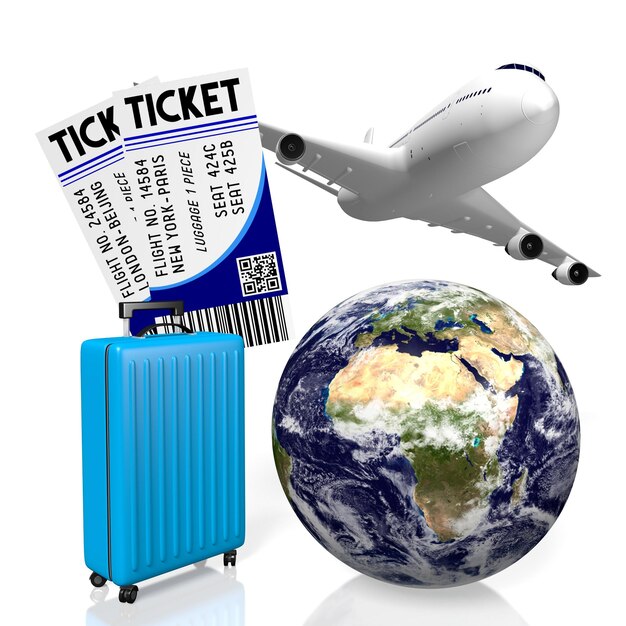 earth suitcase flying plane and tickets travel concept 3d illustration