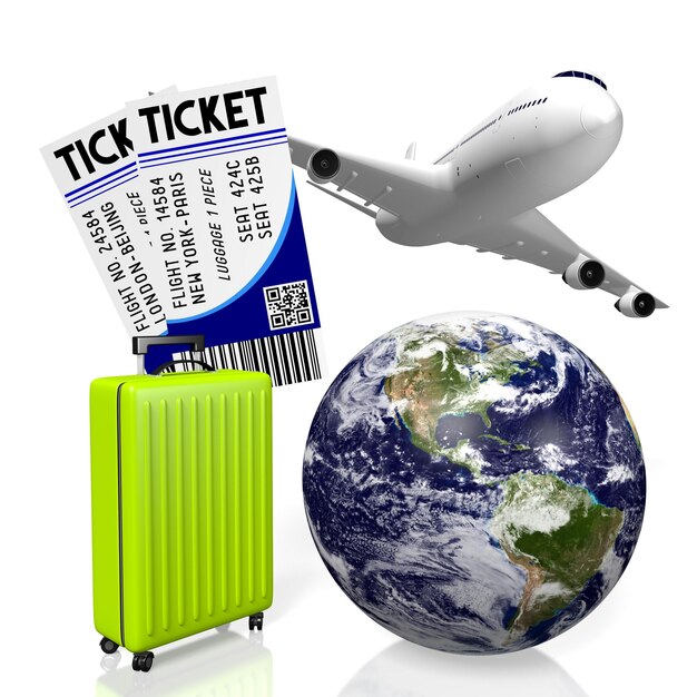 earth suitcase flying plane and tickets travel concept 3d illustration