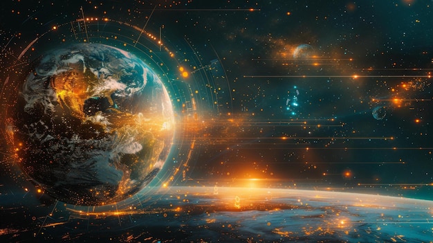 Earth surrounded by dynamic connection lines circles illustrating futuristic tech internet concept abstract space background wide format AI Generative