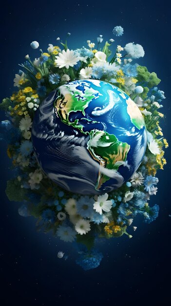 The earth surrounded by green plants and flowers