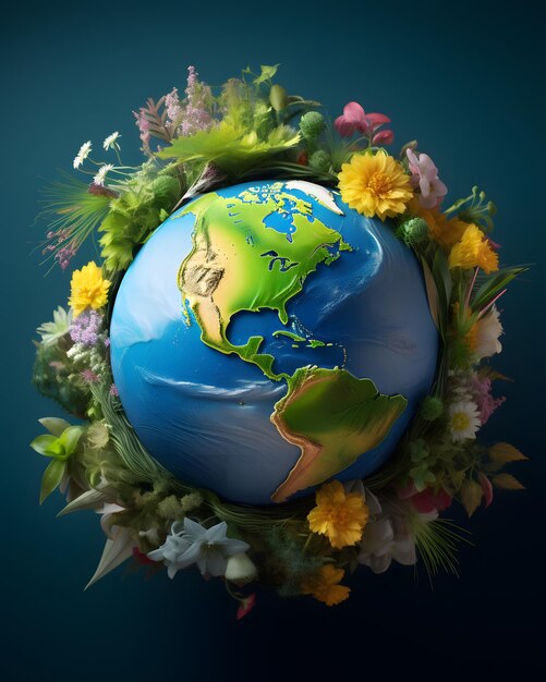 The earth surrounded by green plants and flowers