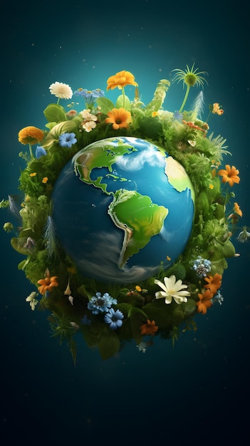 The earth surrounded by green plants and flowers