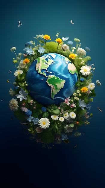 The earth surrounded by green plants and flowers