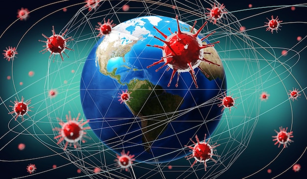 Foto illustrazione 3d del concetto di epidemia globale di terra e virus