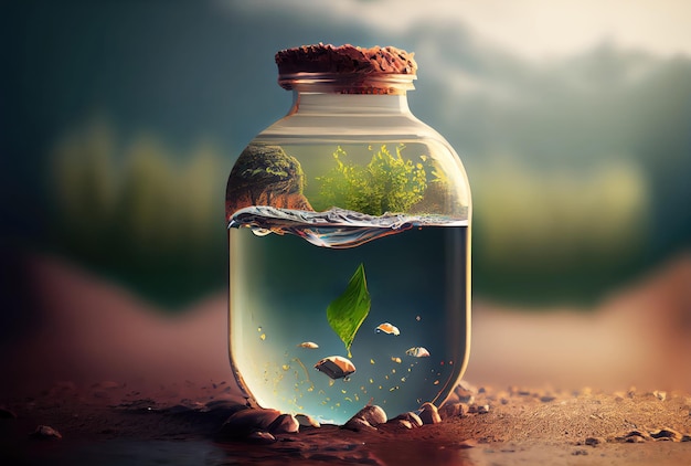 Photo earth in water bottle glass on the ground background environment and world savings concept digital art illustration generative ai