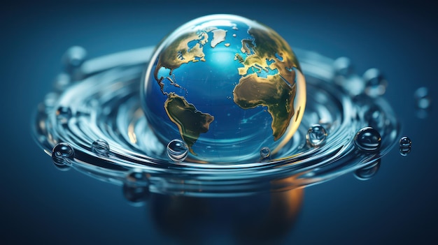 Earth in water with ripples and drops