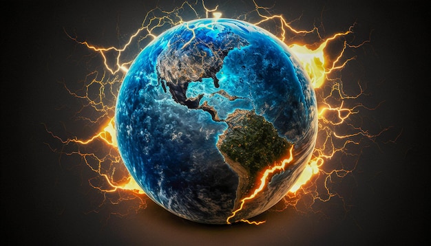 Earth with electric lightnings around it, Generative AI