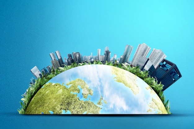 Earth with modern buildings and skyscrapers above it. Environment concept