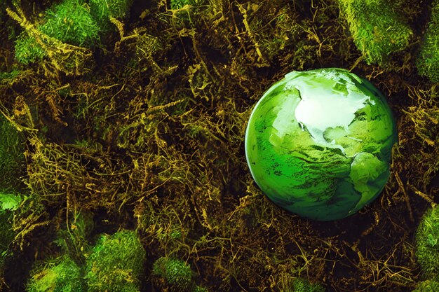 Фото Земля с несколькими деревьями и растениями, стеклянный шар на зеленом мховом фоне природы, генеративный ай