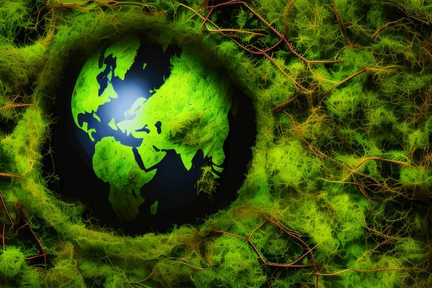 Photo earth with multiple trees and plants globe glass on green moss nature background generative ai